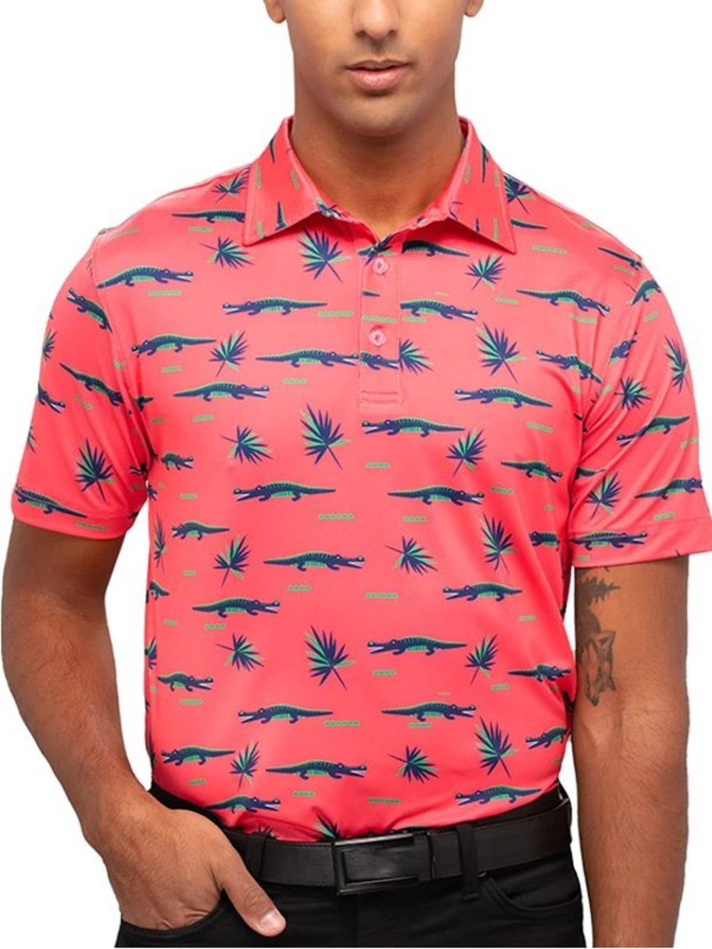 Waggle Chubbs Performance Golf Polo in Pink Coral Tropical Alligator